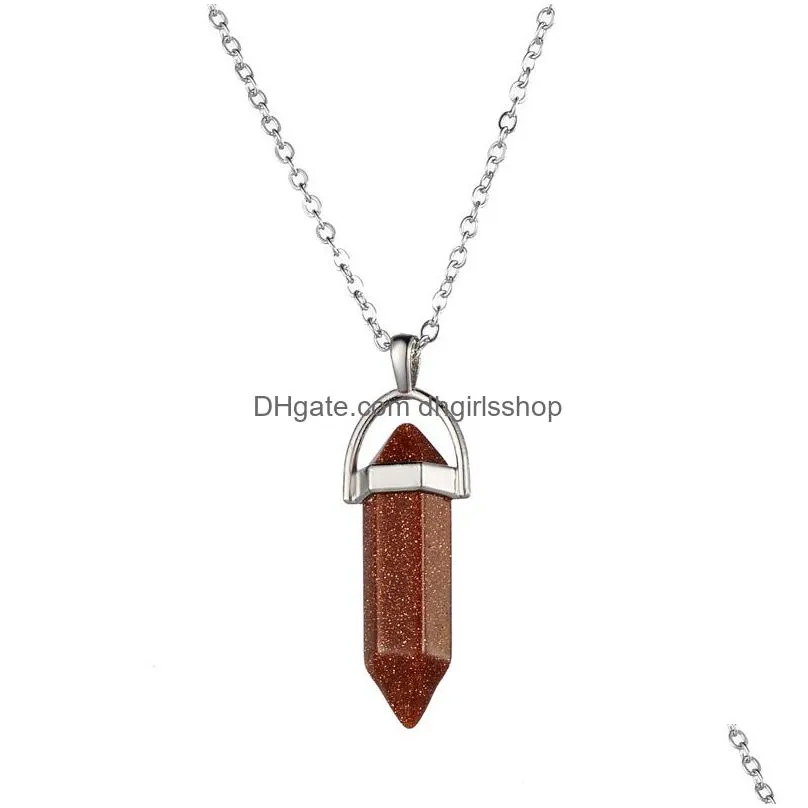 luxury natural stone bullet shape pendant necklaces women hexagonal prism crystal charms necklace for ladies fashion jewelry