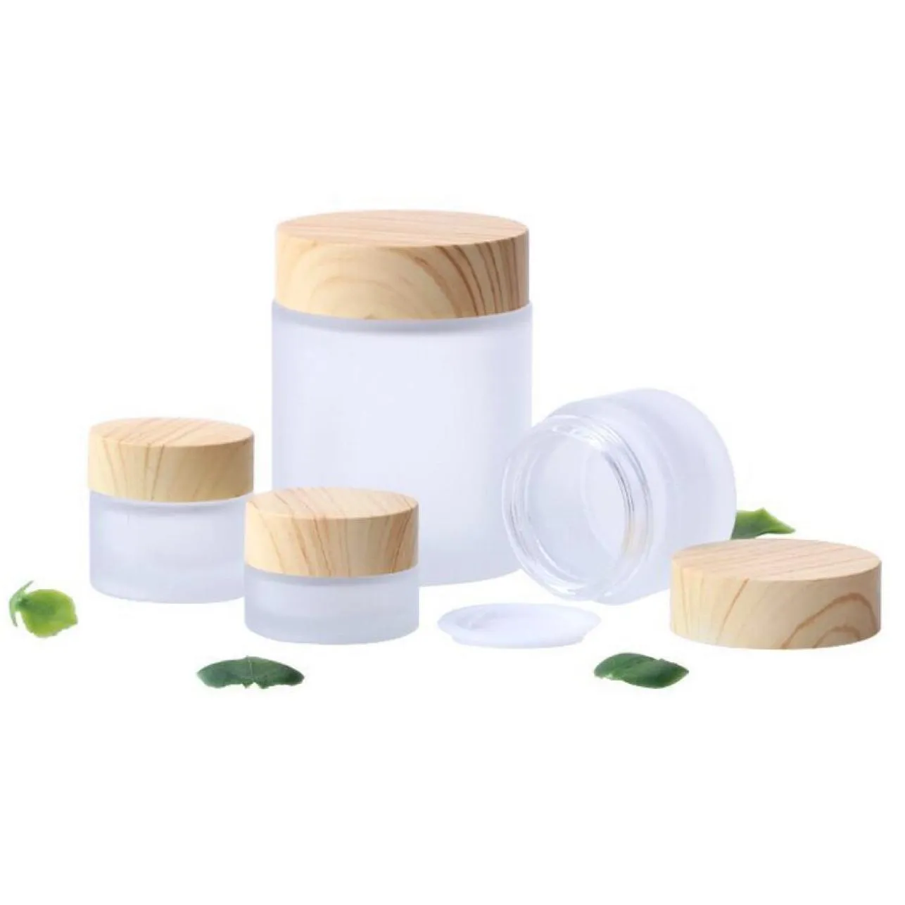 wholesale Frosted Glass Jar Cream Bottles Round Cosmetic Jars Hand Face Packing Bottles 5g 10g 15g 30g 50g Jars With Wood grain Cover in