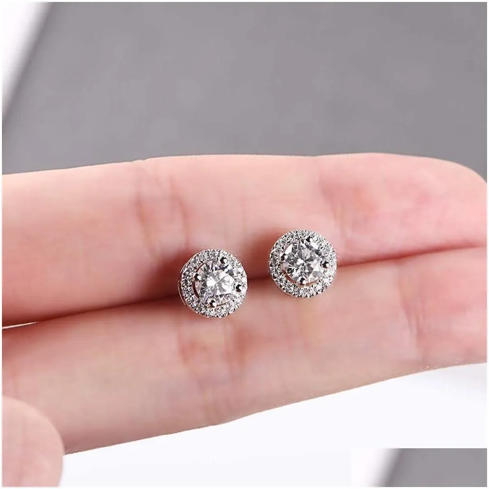 925 sterling silver stud earrings classic halo round brilliant cut 0.5ct 1ct moissanite diamond for women