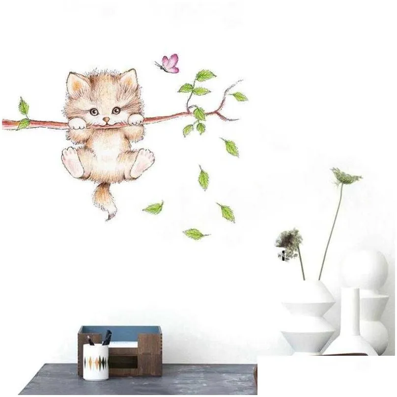  wall stickers cute cat butterfly tree branch for kids rooms home decoration cartoon animal wall decals diy posters home decor