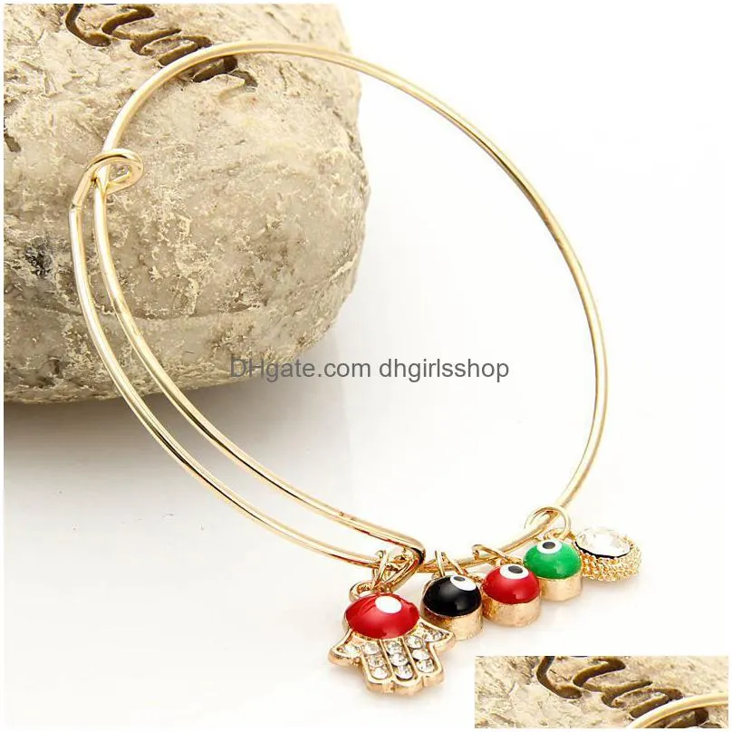 korean expandable wire bangle with hand of fatima red black green evil eye charm stretch bracelets for women&ladies fashion craft