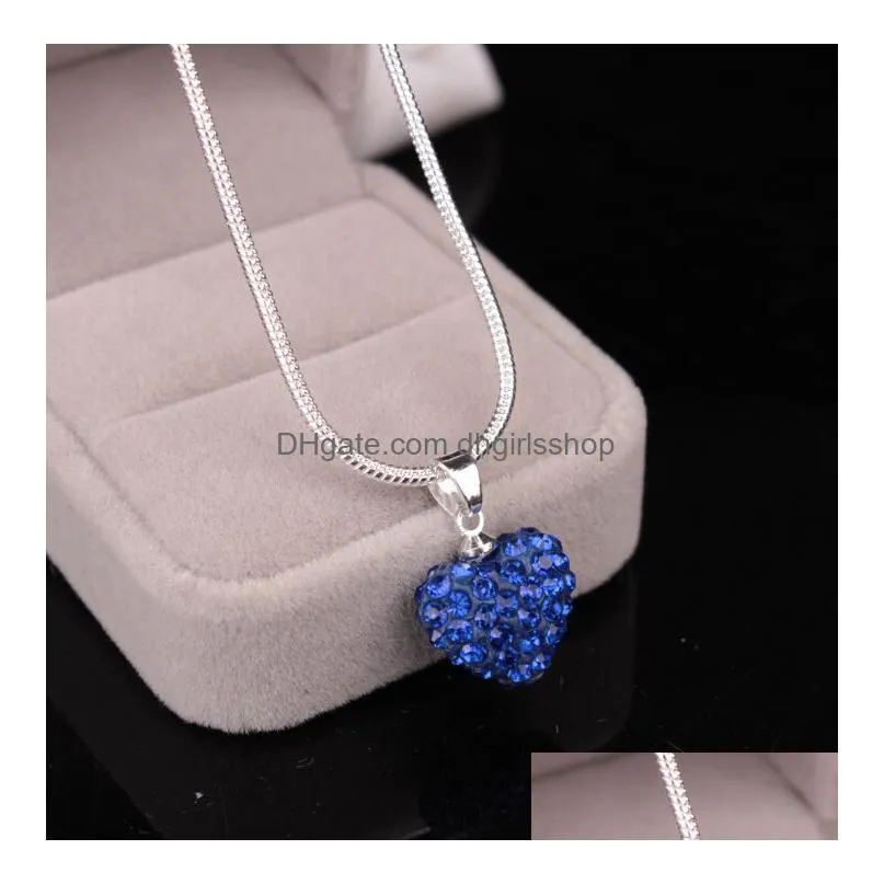 korean crystal heart shape pendant necklace silver plated snake chains rhinestone disco bead charm for women fashion jewelry