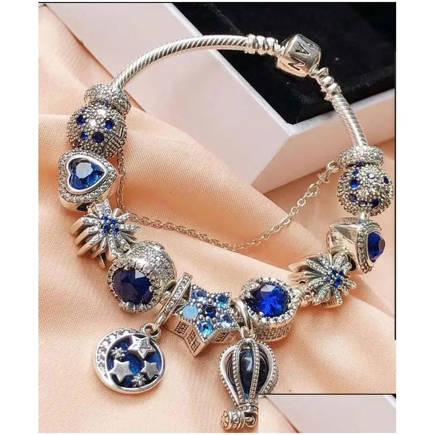 925 sterling silver blue charm bead fit european  bracelets for women wing feather moon stars balloon crystal charm beads snake chain fashion