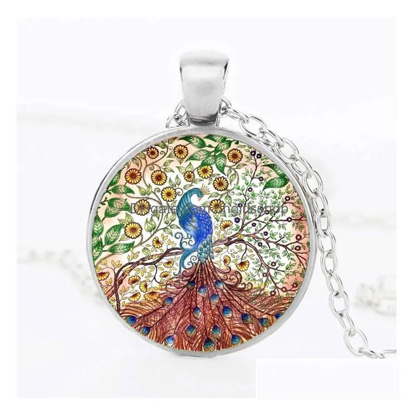 new beautiful peacock feather necklace for women cabochons glass animal pendant chains fashion jewelry gift