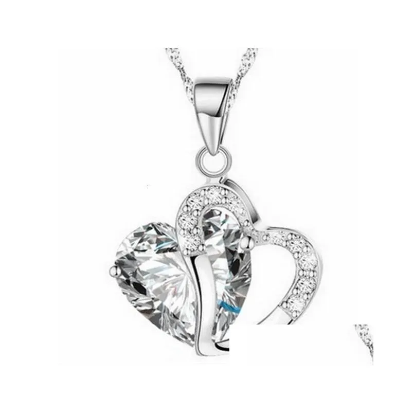 2023 Women Necklaces Fashion Heart Crystal Rhinestone Silver Chain Pendant Necklace Jewelry 10 Color Length 17.7 inch