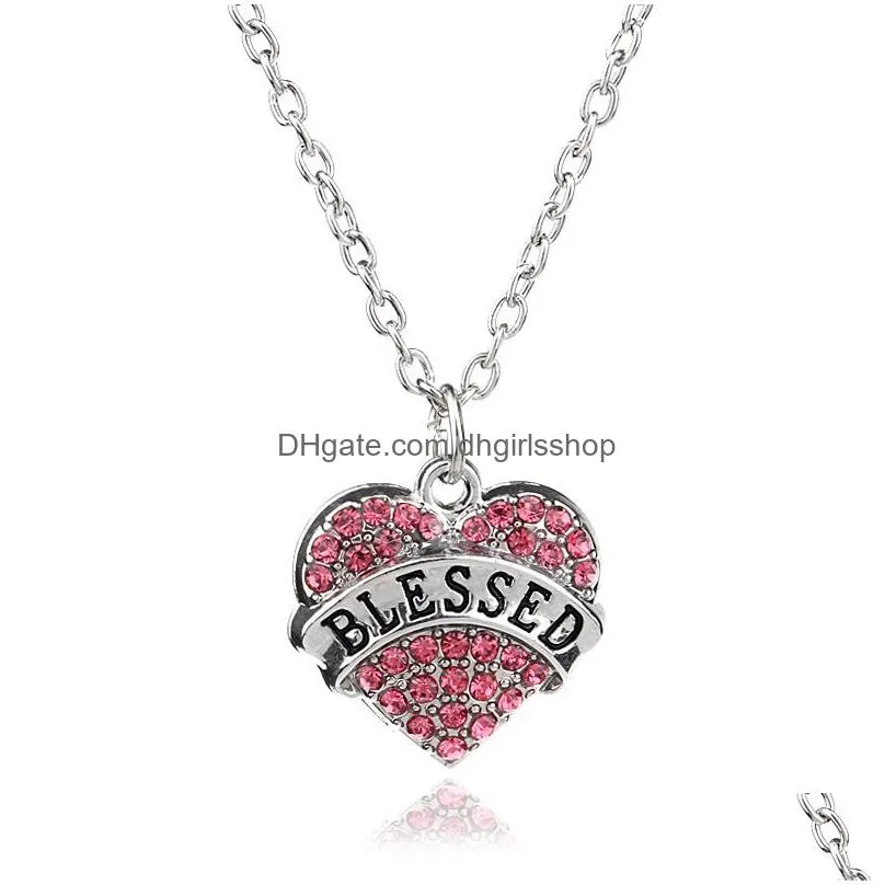 high quality crystal diamond heart pendant necklaces white blue red rhinestones necklace for women fashion family letter jewelry