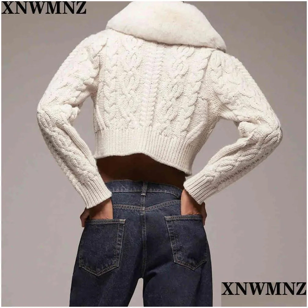 Women Fashion contrast knit faux fur jacket lapel collar Cardigan Vintage Long Sleeve Female Outerwear Chic Tops 210520