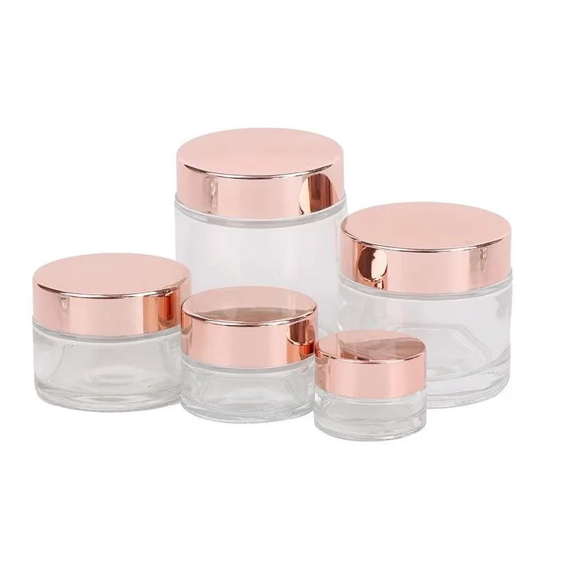 wholesale Frosted Clear Glass Jar Cream Bottle Cosmetic Container with Rose Gold Lid 5g 10g 15g 20g 30g 50g 100g Packing Bottles