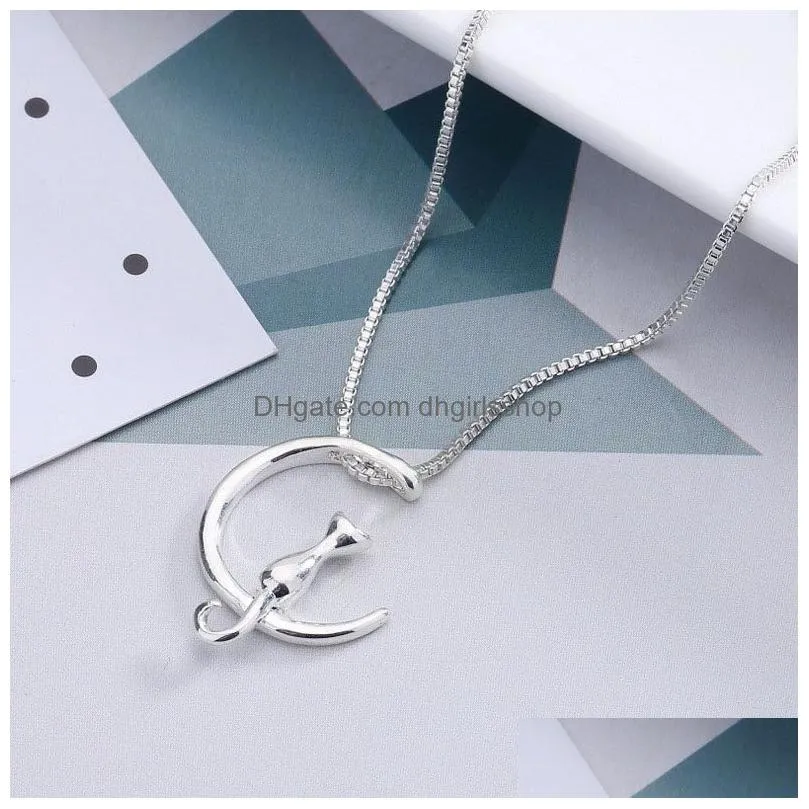 new cute cat moon shape pendant necklace for women gold silver animal silver box chains fashion jewelry gift