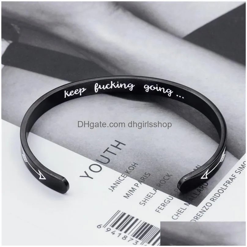 keep fucking going stainless steel cuff bangle for women men personalized engraved letter arrow open bracelet friend inspirational