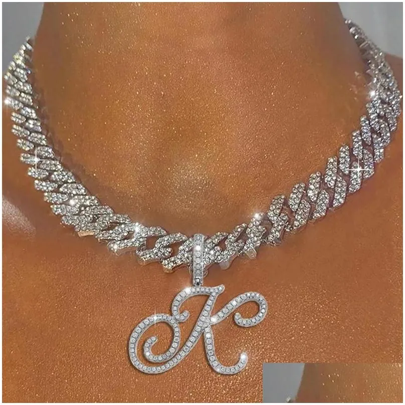 chains a-z cursive letter pendant iced out cuban necklace for women initial zircon link chain choker rock hip hop jewelrychains