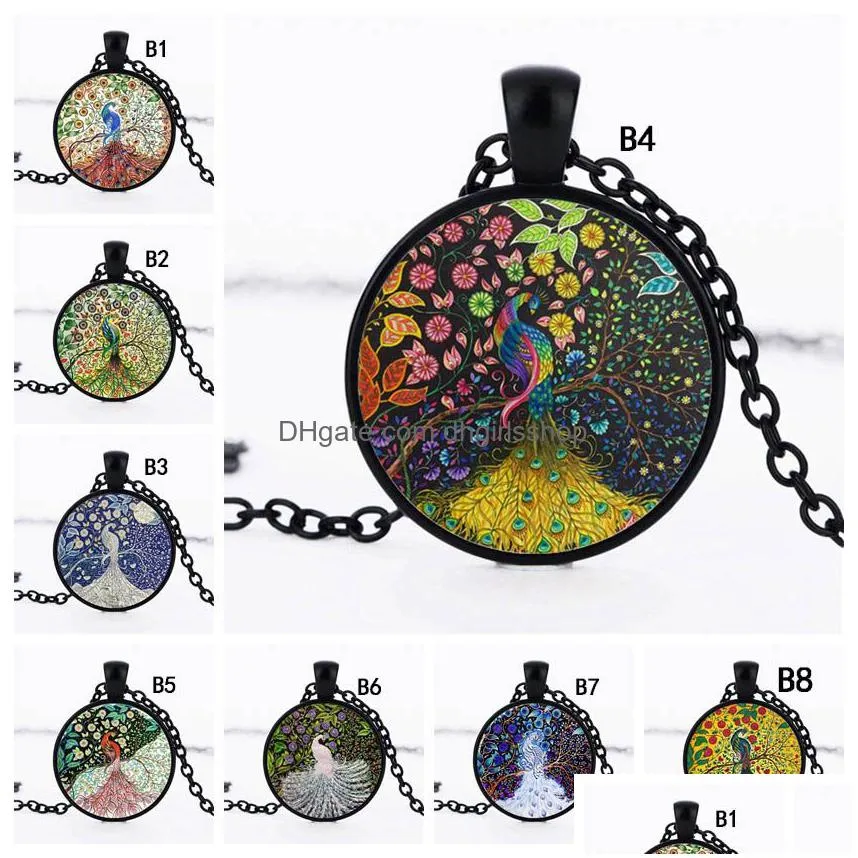 new beautiful peacock feather necklace for women cabochons glass animal pendant chains fashion jewelry gift