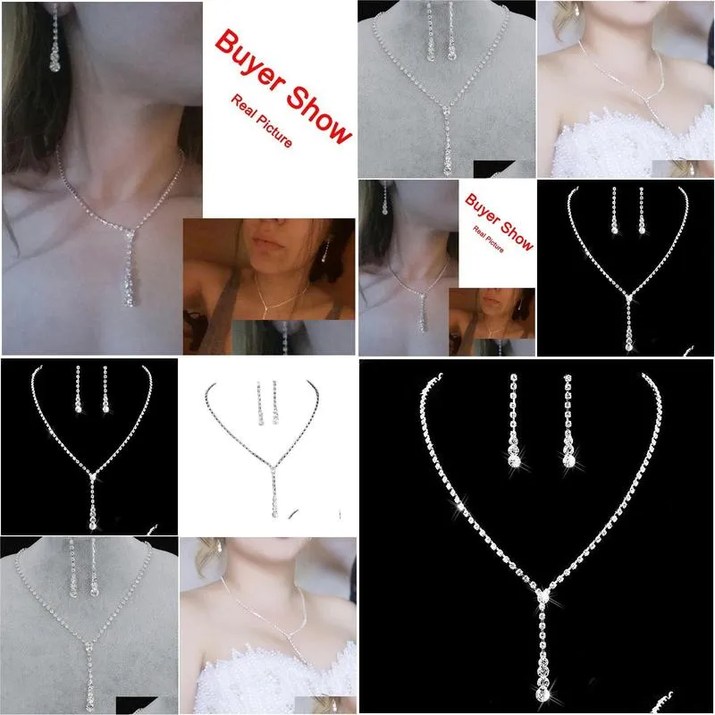 Bling Crystal Bridal Jewelry Set silver plated necklace diamond earrings Wedding jewellery sets bride Bridesmaids Accessories
