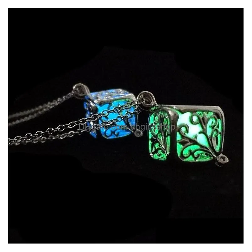 new fashion women luminous hollow out locket pendant glow in the dark necklace square box necklace engagement gifts top quality