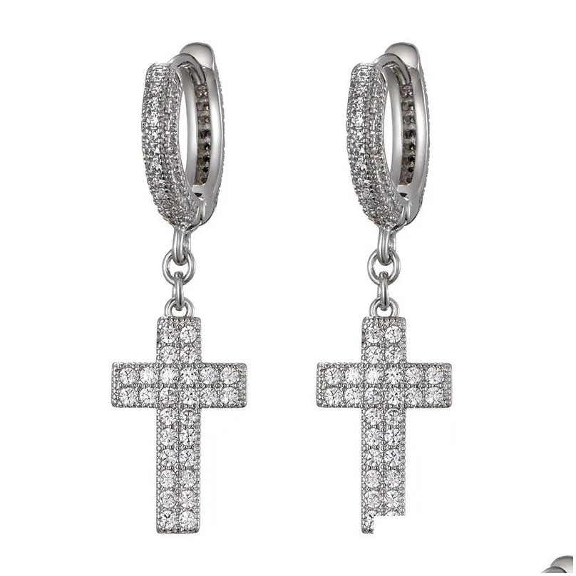 Hip Hop Cubic Zirconia Bling Iced Out Stud Cross Earring Gold Silver Copper Earrings for Men Rock Jewelry