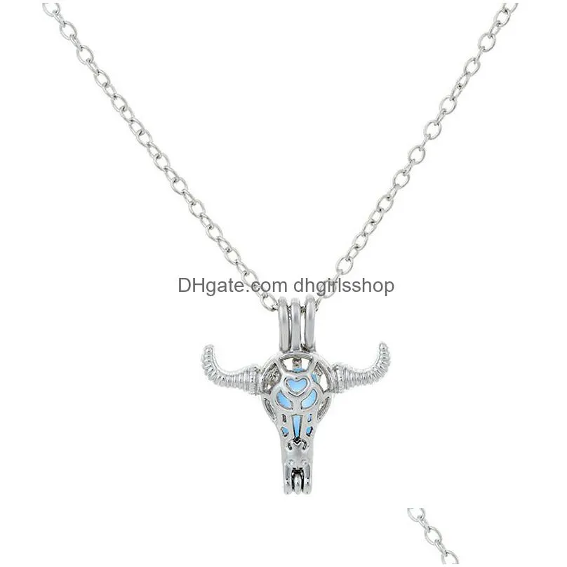 fashion luminous bull head pendant necklaces for women glow in the dark stone cage open lockets silver chains jewelry in bulk