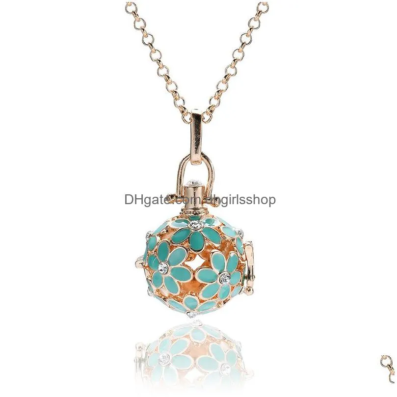 new diffuser  oil enamel cage pendant necklaces with 5 cotton ball hollow flower lockets 60cm chains for women fashion