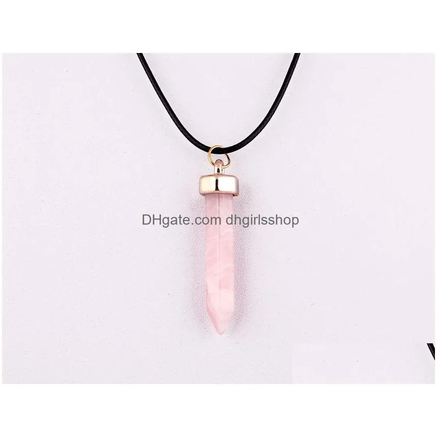 fashion bullet shape natural stone pendant necklaces hexagonal prism quartz turquoise crystal gems jewelry for women men gold/silver