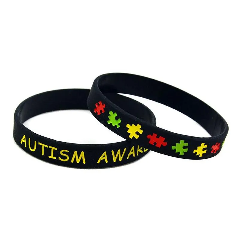 50pcs autism awareness silicone rubber bracelet debossed and filled in color jigsaw puzzle logo adult size 5 colors7767795