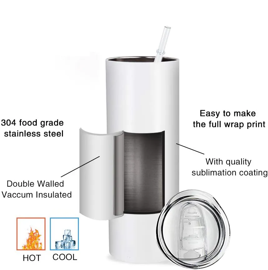 wholesale blank sublimation tumbler 20oz white stainless steel sublim straight with straw USA/CA warehouse 