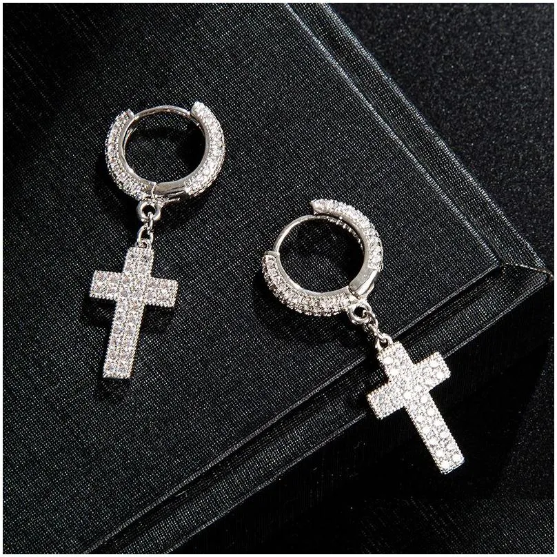 Hip Hop Cubic Zirconia Bling Iced Out Stud Cross Earring Gold Silver Copper Earrings for Men Rock Jewelry