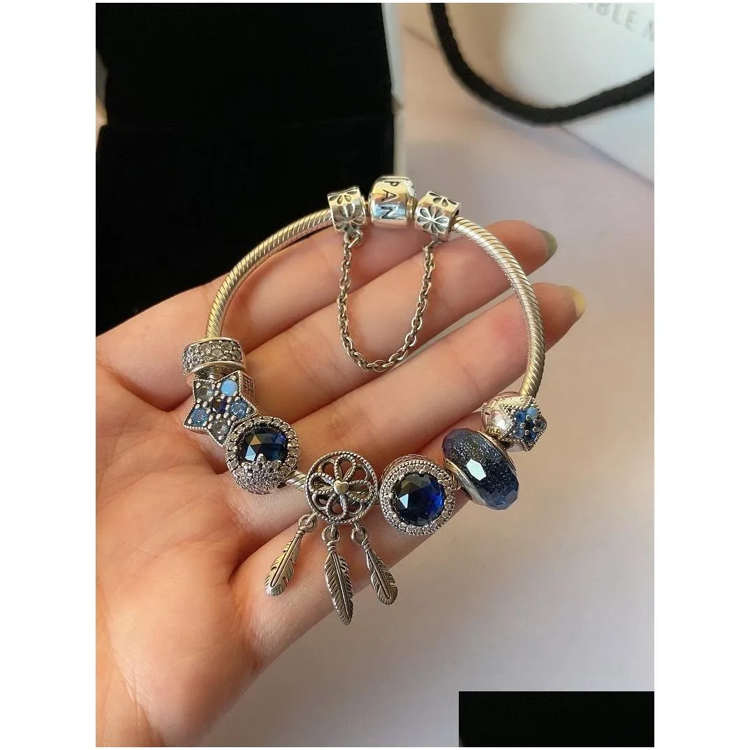 925 sterling silver blue charm bead fit european  bracelets for women wing feather moon stars balloon crystal charm beads snake chain fashion