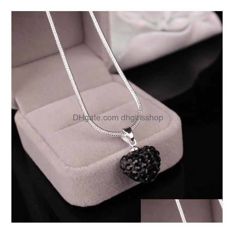 korean crystal heart shape pendant necklace silver plated snake chains rhinestone disco bead charm for women fashion jewelry