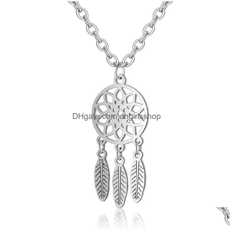 stainless steel dream catchers necklaces gold silver plated titanium steel feather pendant chains for women girls fashion jewelry gift