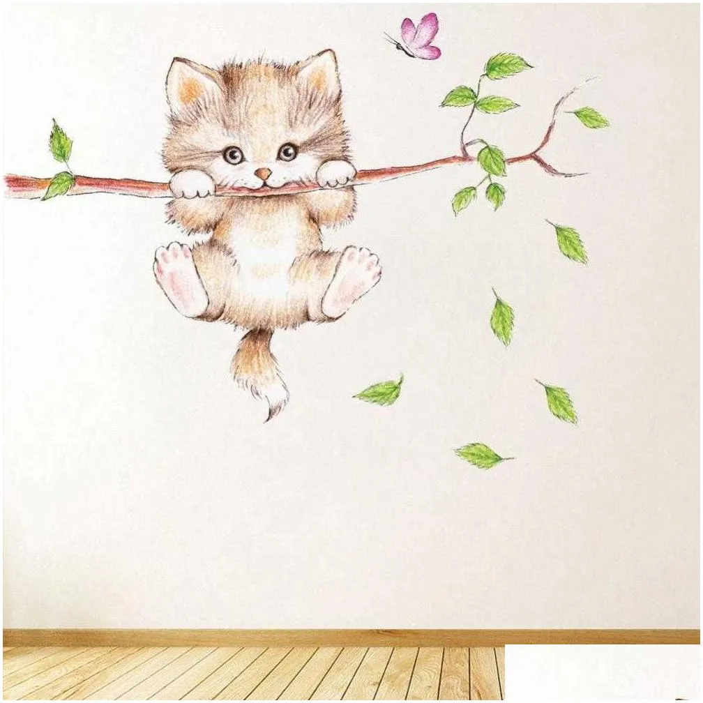  wall stickers cute cat butterfly tree branch for kids rooms home decoration cartoon animal wall decals diy posters home decor