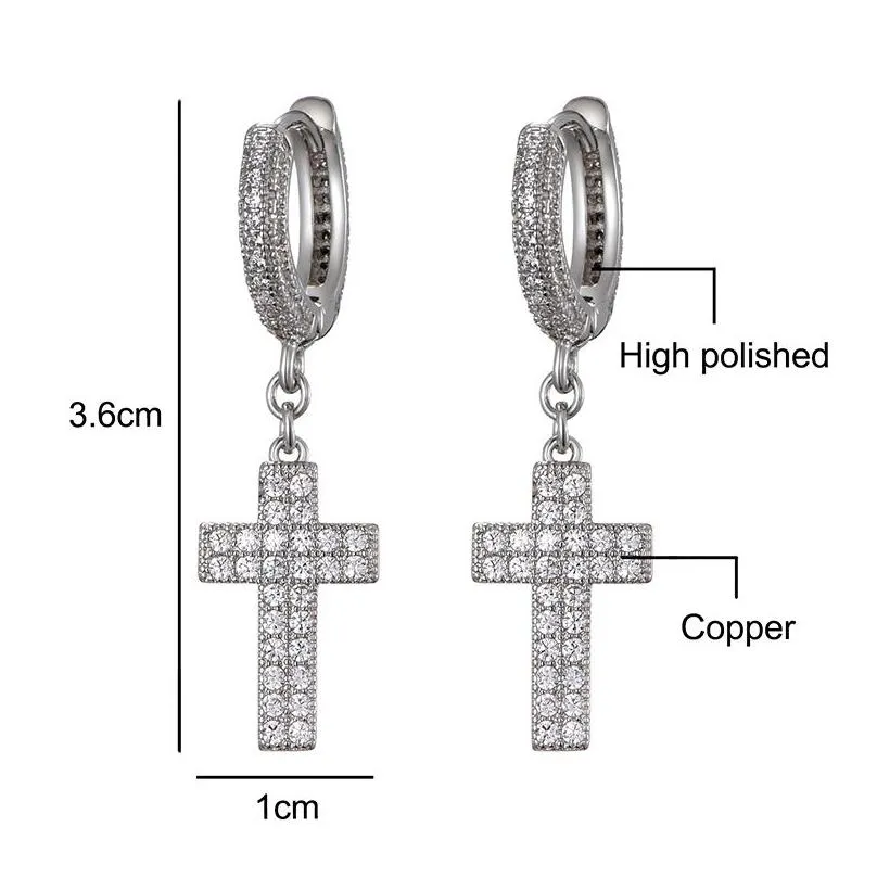 Hip Hop Cubic Zirconia Bling Iced Out Stud Cross Earring Gold Silver Copper Earrings for Men Rock Jewelry