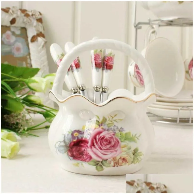 dinnerware sets 5pcs european ceramic stainless steel spoon teaspoon luxury gift with lace basket for cafe shop home