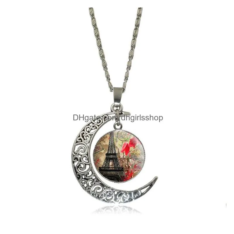 new fashion hollow carved gemstone necklace moon gemstone eiffel tower pendant necklaces for man&women mix models jewelry