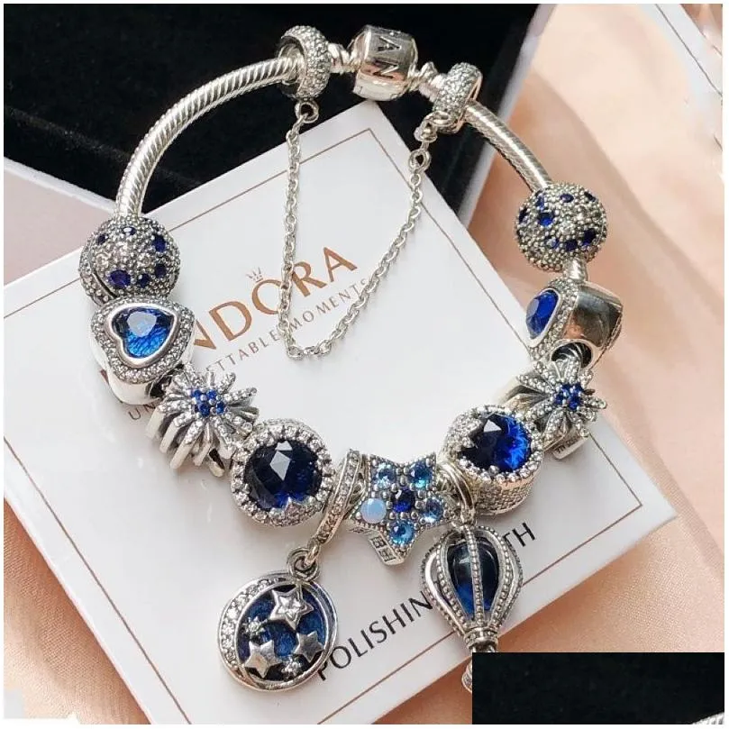 925 sterling silver blue charm bead fit european  bracelets for women wing feather moon stars balloon crystal charm beads snake chain fashion