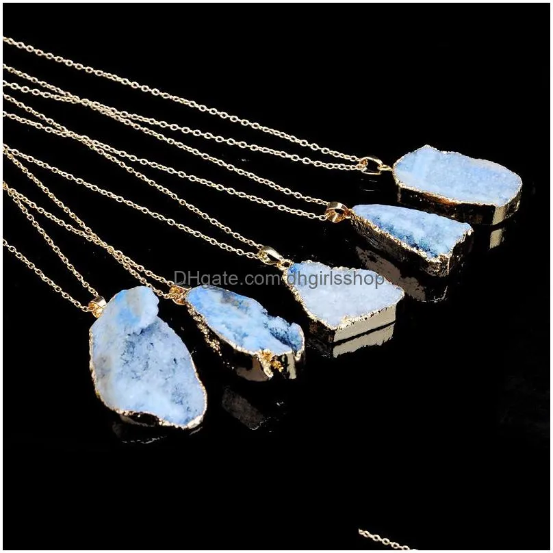 fashion natural crystal quartz stone necklaces geometric druzy healing gemstone pendant gold chain necklace for ladies modish jewelry