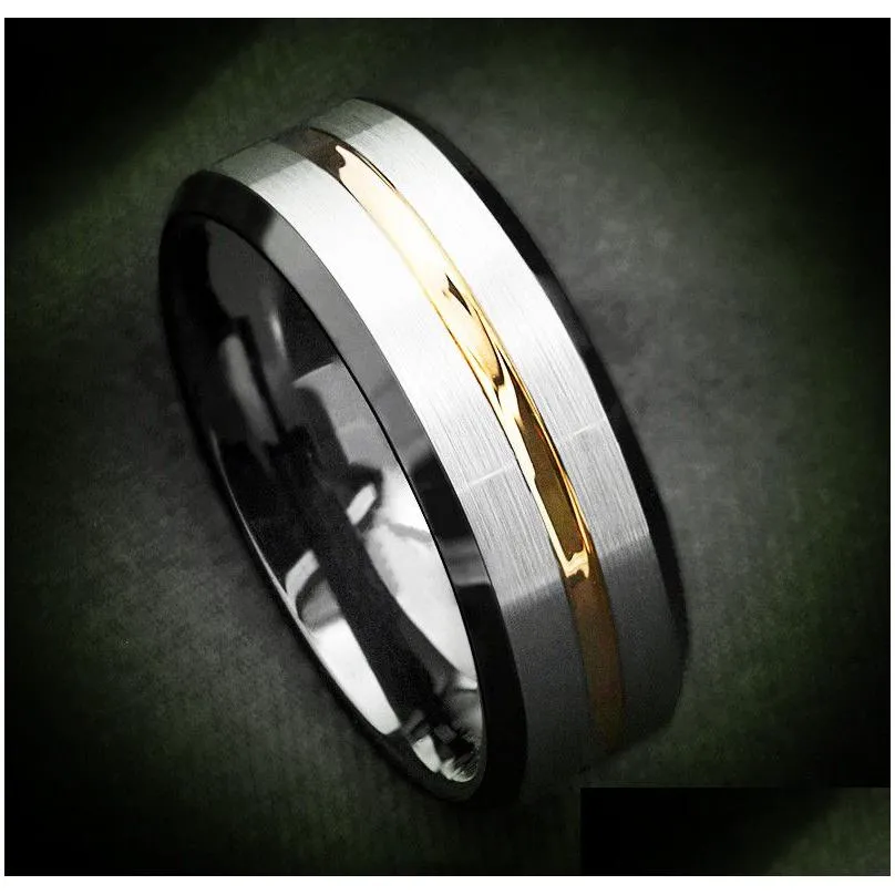 8mm silver brushed black edge tungsten steel ring gold stripe fashion mens wedding rings size 6-13