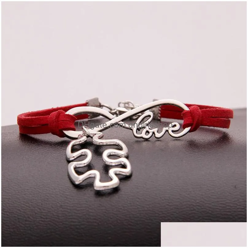 autism awareness puzzle piece charm bracelets infinity love wish velvet rope wrap bangle for women men fashion friendship jewelry