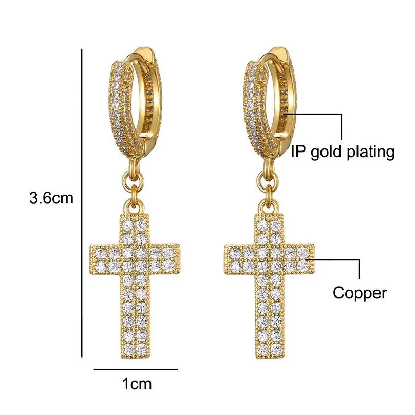 Hip Hop Cubic Zirconia Bling Iced Out Stud Cross Earring Gold Silver Copper Earrings for Men Rock Jewelry