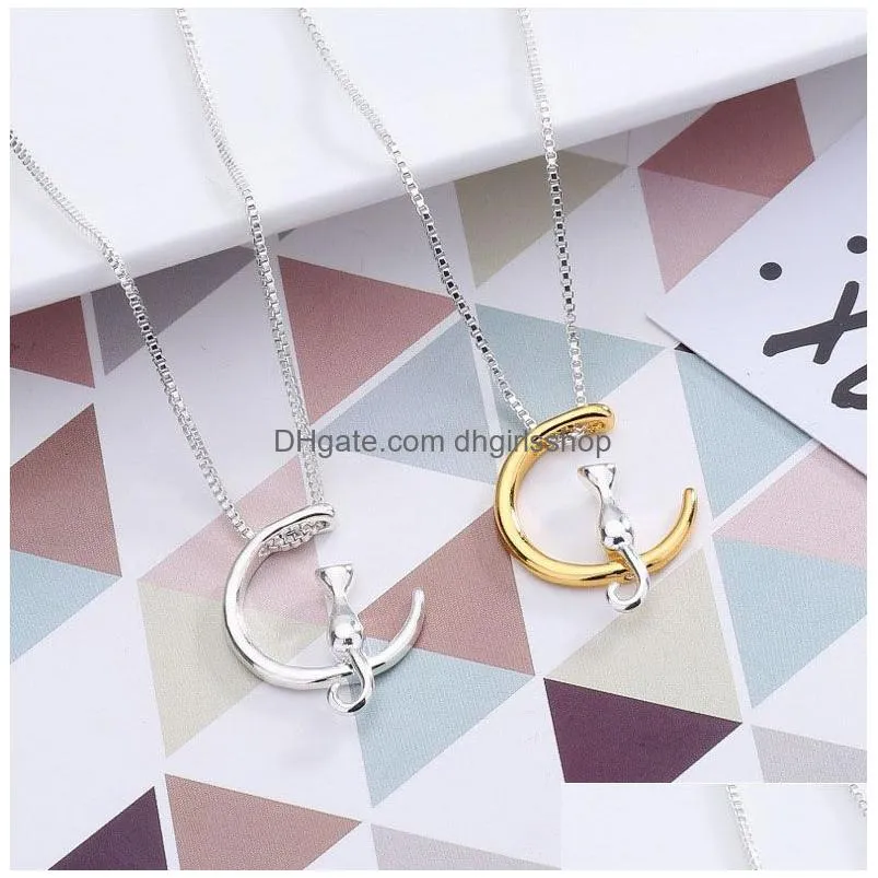 new cute cat moon shape pendant necklace for women gold silver animal silver box chains fashion jewelry gift