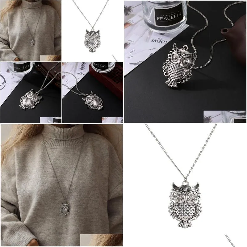 owl necklace vintage hollow cute owl pendant necklace retro hollow carved sweater chain for women long necklaces