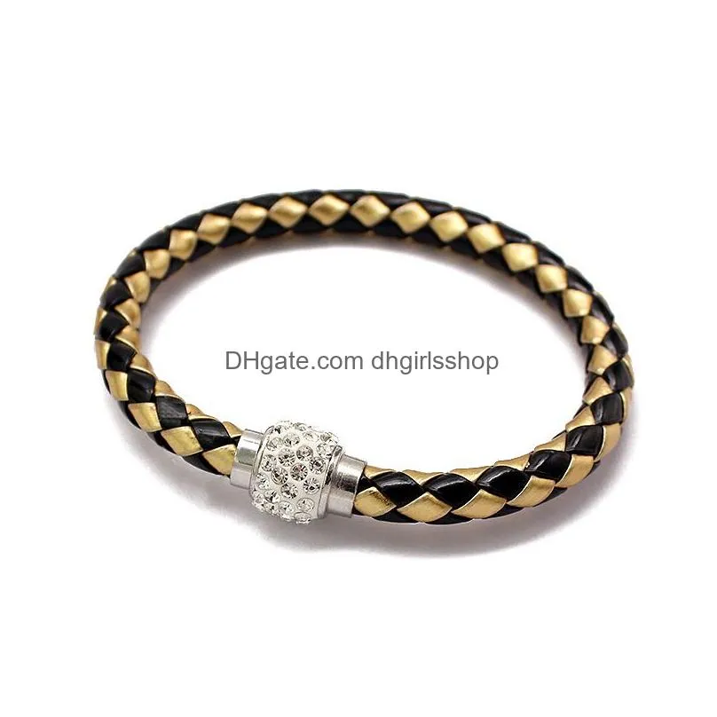 13 colors pu leather bangle cz disco crystal rhinestone charm bracelets magnetic clasp wrap wristband for unisex fashion jewelry