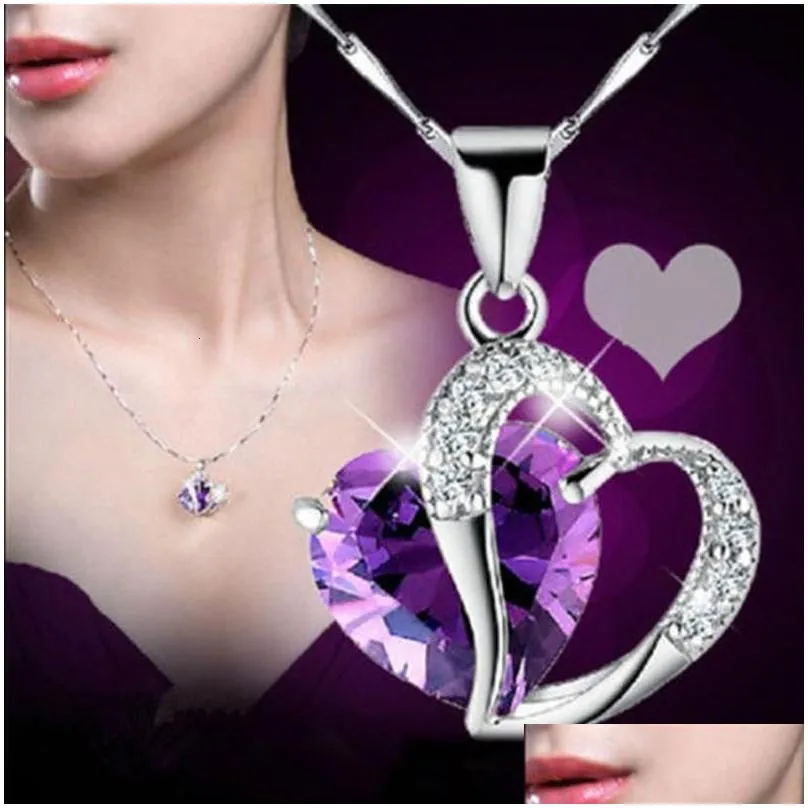 2023 Women Necklaces Fashion Heart Crystal Rhinestone Silver Chain Pendant Necklace Jewelry 10 Color Length 17.7 inch