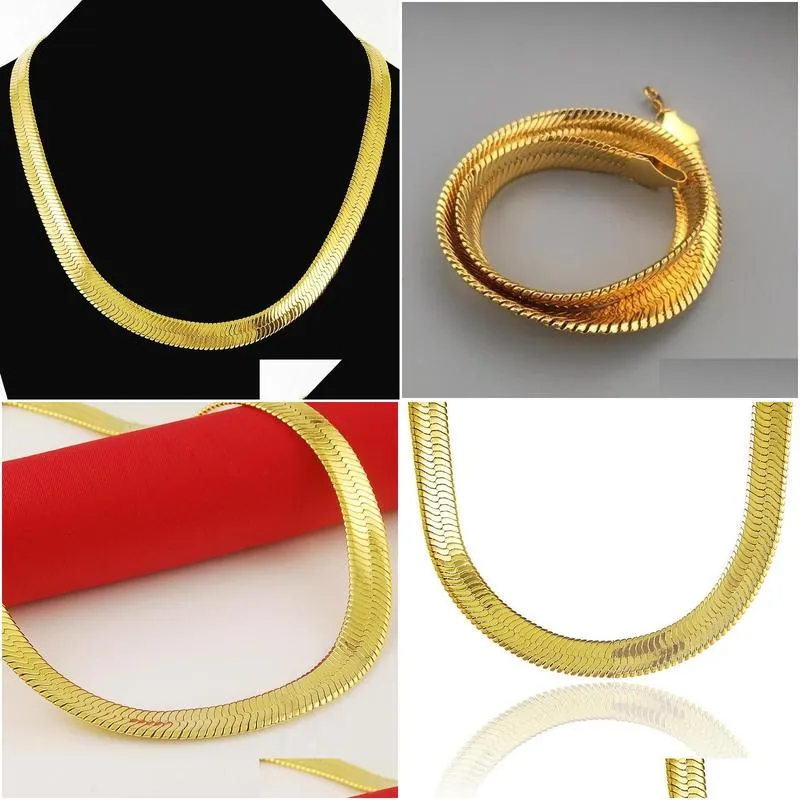 Thin Soft Herringbone Chain Necklace Pure Gold Color 18K Yellow Plated Punk Hip Hop Jewelry For Mens Boys 10mm, 24