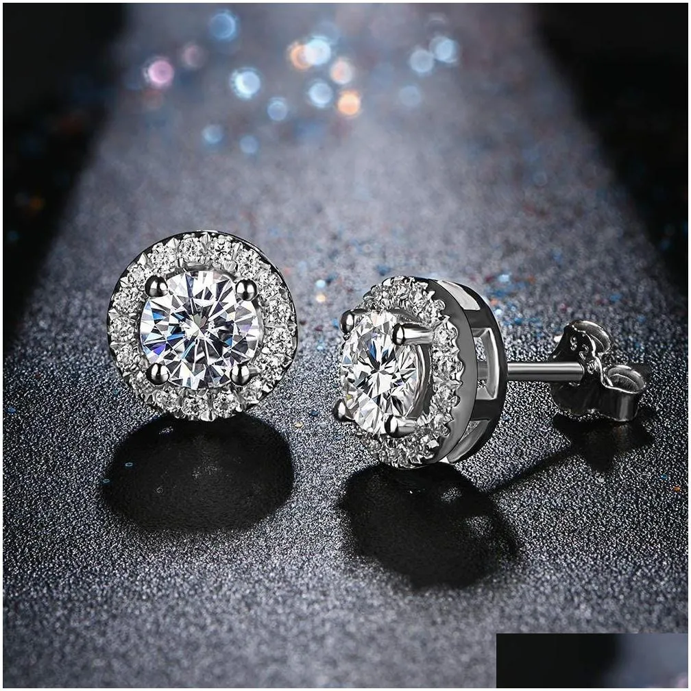 925 sterling silver stud earrings classic halo round brilliant cut 0.5ct 1ct moissanite diamond for women