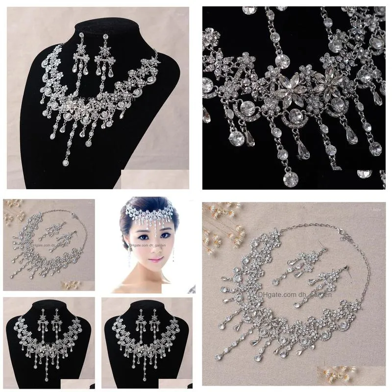 necklace earrings set luxury silver color crystal flowers bridal jewelry for women statement earring rhinestone tiara wedding