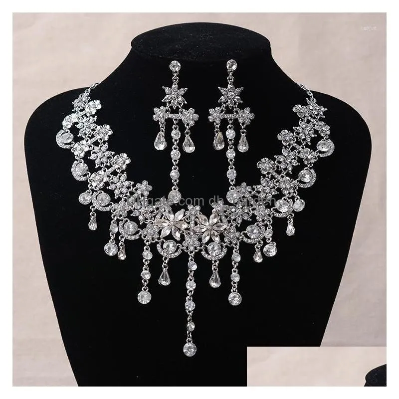 necklace earrings set luxury silver color crystal flowers bridal jewelry for women statement earring rhinestone tiara wedding