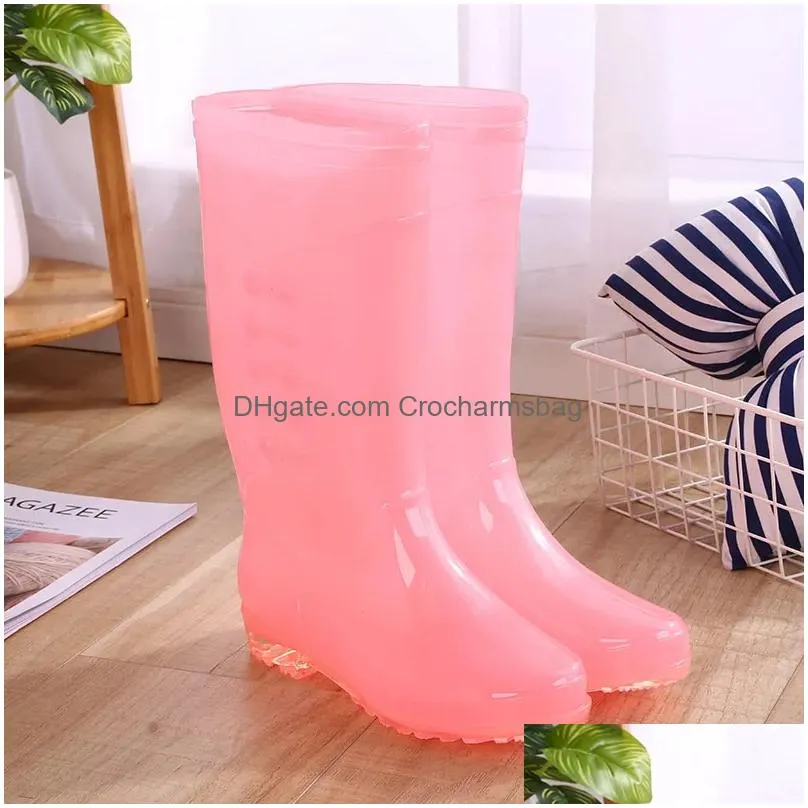 Pofulove High Tube Rain Boots Women PVC Waterproof Work Water Shoes for Girls Candy Color Fashion Slip on Knee High Jelly Botas