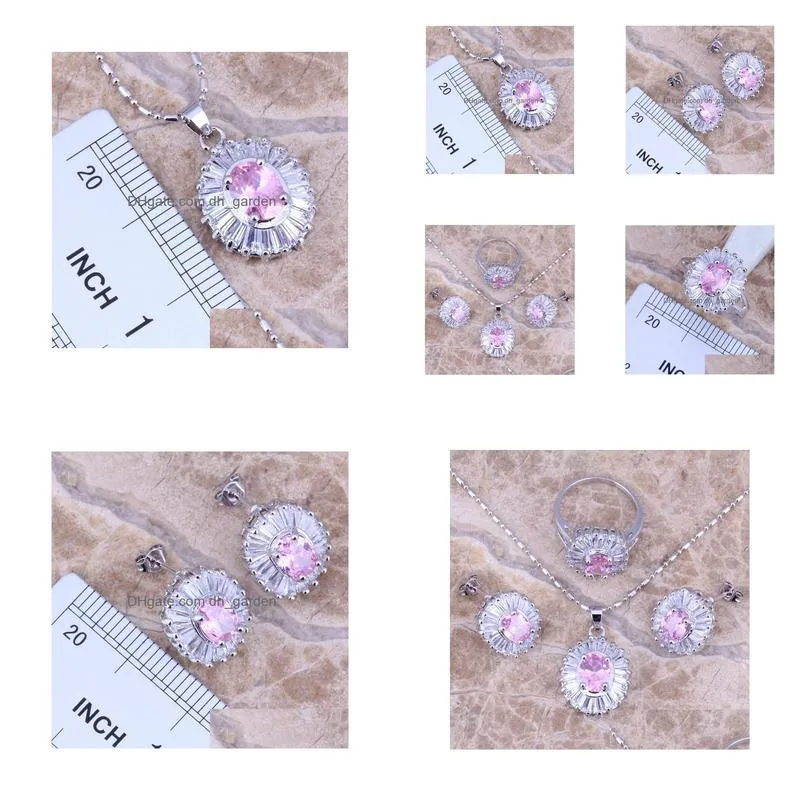 necklace earrings set amazing pink white cz silver plated pendant ring size 6 / 7 8 9 10 s0120
