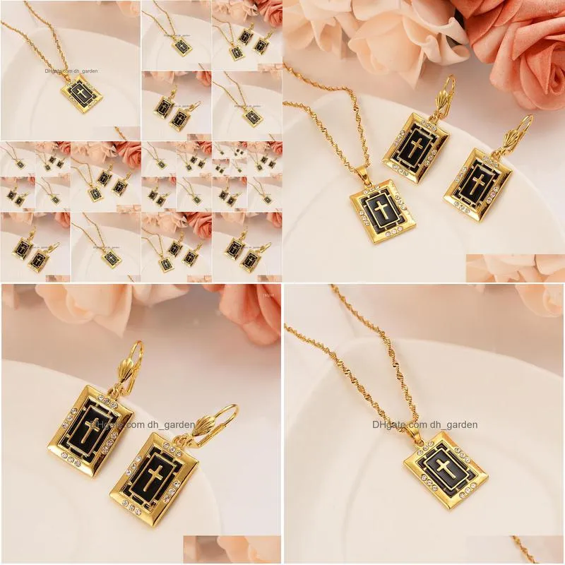 necklace earrings set black cross gold color catholic religious wedding bridal jewelry christmas birthday gift for women