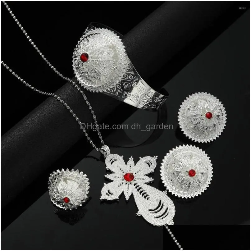 necklace earrings set 4pcs/lot silver plated zircon eritrea africa ring stud cross chain ethnic ethiopian women bridal