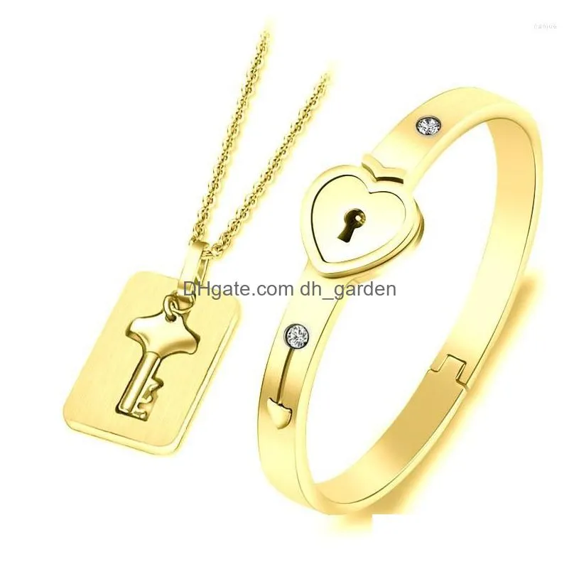 necklace earrings set fashion concentric lock key titanium steel stainless jewelry bracelet couple sets